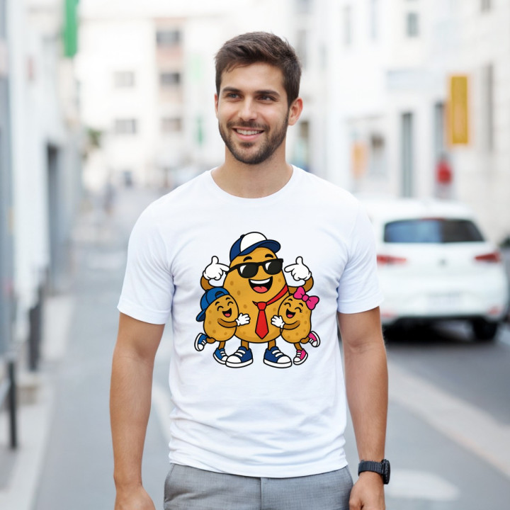 Camiseta Algo divertido sobre papa en color blanco, modelo en la calle